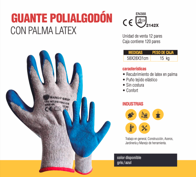 12 PARES DE GUANTE DE POLIALGODÓN PALMA LATEX AZUL - Imagen 2