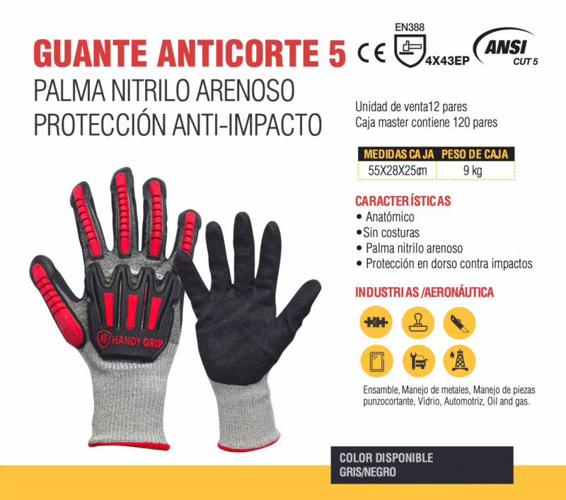 22. GUANTES ANTICORTE NIVEL 5 CON PALMA DE NITRILO ARENOSO ANTI-IMPACTO