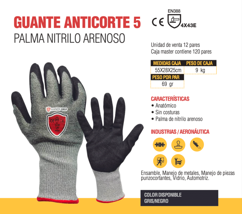 27. GUANTES ANTICORTE NIVEL 5 CON PALMA DE NITRILO ARENOSO